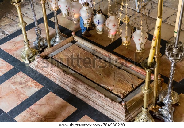 The Stone of Anointing, where Jesus\' body is\
said to have been anointed before burial in the Church of the Holy\
Sepulchre in Jerusalem
