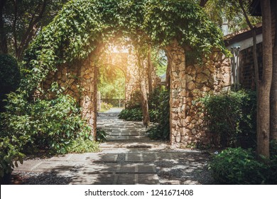 Stone Arch Entrance Wall With Ivy In The Garden.