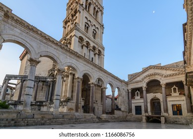 Stone arches of the remains of Diocletian's palace and St. Domnius cathedral in Split, Croatia, in the morning with no tourists