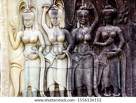 Stone bas relief of Shakti in the complex of Angkor Wat, Siem Reap, Cambodia