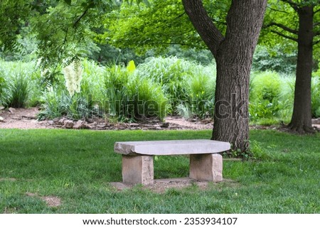 stone bench in a botanical garden park on a beautiful warm spring summer day
