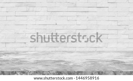 Stone brick wall texture background. Marble stone design for interior exterior White brickwork luxury. Stone brickwork pattern Product showcase empty room.Creative design gray wood floor luxury modern