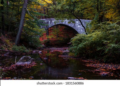 Stone Bridge In Rockefeller State Park Over The Pocantico River In Autumn