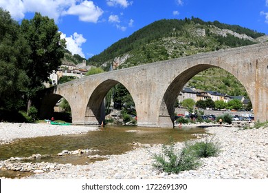 Stone Bridge Of Saint Enimie Looking The Tarn Valley In Lozère In France.