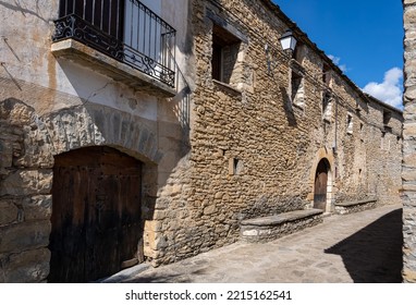 Stone Built Walls And Buildings Of A Typical Spanish Pyrenees Village Street 