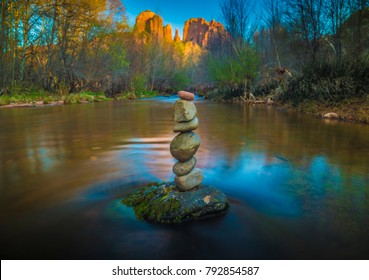 Stone Cairn In Stream Sedona Arizona Cathedral Rock Colorful Desktop Landscape Background Wallpaper Zen