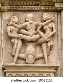 Stone carved erotic sculptures in hindu Khajuraho temple, India