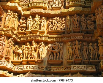 Stone carved erotic sculptures in Hindu temple in Khajuraho, Madhya Pradesh, India