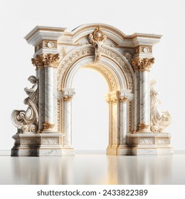 Stone carving 3D image of beautiful marble luxury arch with gold isolated on white background
