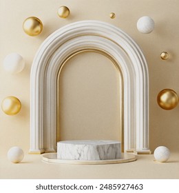 Stone carving 3D image of beautiful marble luxury white arch with gold isolated on light gold background, with a stone stage at the middle of the arch , with golden balls in the background