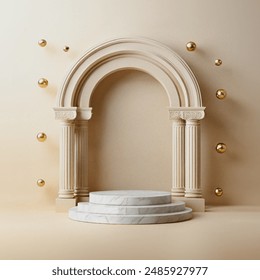 Stone carving 3D image of beautiful marble luxury white arch with gold isolated on light gold background, with a stone stage at the middle of the arch , 