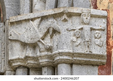 Stone carving on the walls of the Moraсa monastery in Montenegro. The Morača Monastery is a Serbian Orthodox monastery located in the valley of the Moraca River in Kolasin, central Montenegro - Powered by Shutterstock