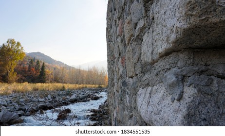 Stone Castle, Near The Walls And Inside. Huge Stone Walls Of The Fortress. Layer Of Cement And Sand. There Are Tools For Construction. View Of The Forest, Mountains From The Fortress. Small Window.