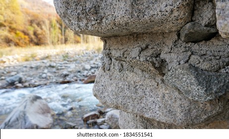 Stone Castle, Near The Walls And Inside. Huge Stone Walls Of The Fortress. Layer Of Cement And Sand. There Are Tools For Construction. View Of The Forest, Mountains From The Fortress. Small Window.