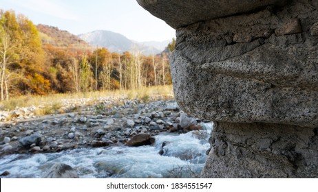 Stone Castle, Near The Walls And Inside. Huge Stone Walls Of The Fortress. Layer Of Cement And Sand. There Are Tools For Construction. View Of The Forest, Mountains From The Fortress. Small Window.