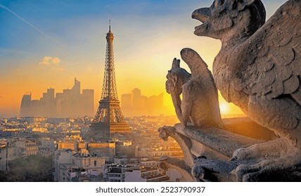 Stone Chimera and Eiffel Tower at sunset in Paris, France - Powered by Shutterstock