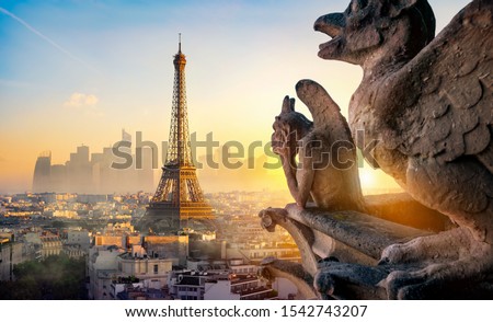 Stone Chimera and Eiffel Tower at sunset in Paris, France