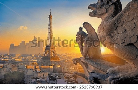 Stone Chimera and Eiffel Tower at sunset in Paris, France