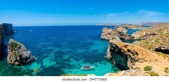 Stone cliffs the blue lagoon the island Comino   Gozo Malta  Mediterranean Sea