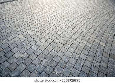 Stone Cobblestone Pavement on a Square, Texture of Historical Paving Surface