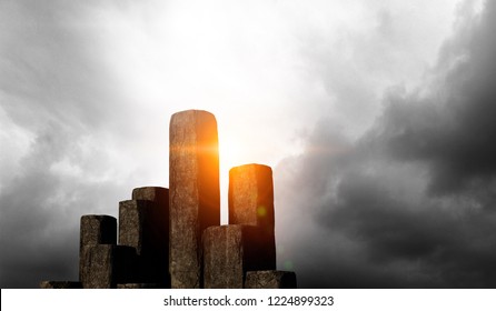 Stone columns in group. Mixed media - Shutterstock ID 1224899323