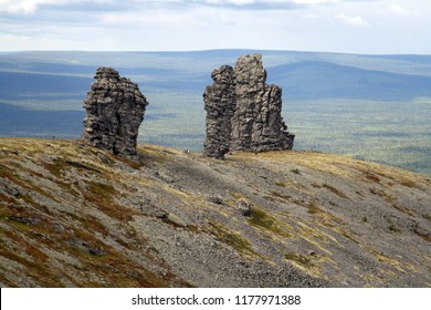 Stone columns of weathering on the mountain plateau Manpupuner in the Republic of Komi in Russia