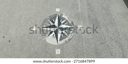 Stone Compass Rose Set Into Worn Granite Plaza, Weathered Marble Inlay Marking Cardinal Directions, Metal