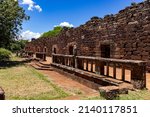 Stone construction of the Jesuit ruins of San Ignacio Mini, Misiones, Argentina. Pre-Baroque style. Reuinas preserved in stones of reddish color and morrin tones.