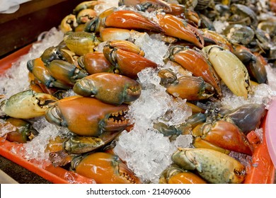stone crab claws on a ice in Thailand market