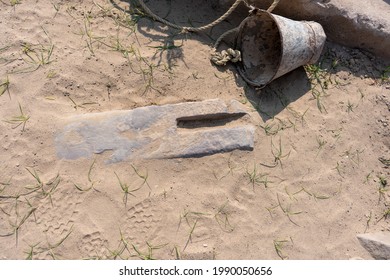 Stone With Cut Marks For Wooden Doors Holding At Ancient Indus Valley Civilization Or Harappan Civilisation Ruins At Dholavira, Khadir Island, India