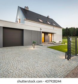 Stone Driveway, Garage And Big Garden At Design House, External View