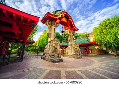 Stone elephants and the arch on the entrance to the Berlin Zoological Garden, Germany, the biggest zoo in the world by amount of species