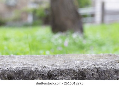 Stone empty table podium platform copy space with blurred background. Stone concrete table platform template mock up abstract outdoors background with grass and sun nature park background