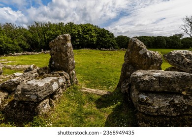 Stone entrance in Remains of Din Lligwy, or Din Llugwy ancient village, Near Moelfre, Anglesey, North Wales, UK, landscape, wide, angle, wideangle.