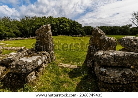 Stone entrance in Remains of Din Lligwy, or Din Llugwy ancient village, Near Moelfre, Anglesey, North Wales, UK, landscape, wide, angle, wideangle.