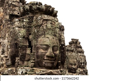 Stone face at ancient bayon temple isolated on white background at  Angkor Wat Siem Reap Cambodia