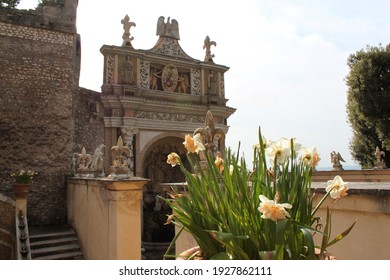 Stone Fence Element With French Lilies At Villa Deste. Italy
