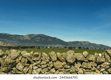 Stone fence of a mountain plot on the perimeter of some green fields