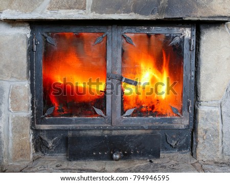 Stone Fireplace Burning Flames Stock Photo Edit Now 794946595