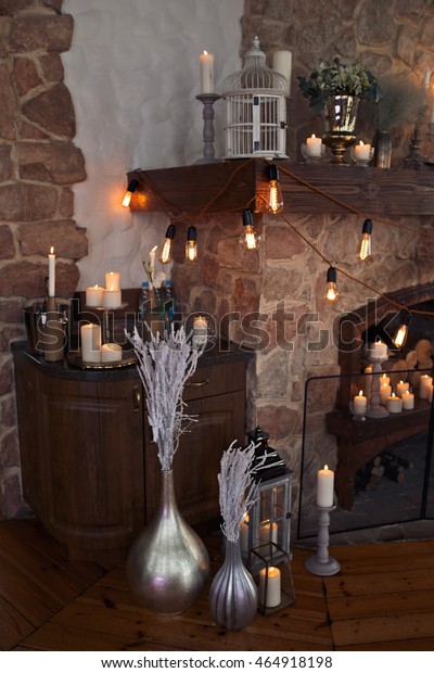 Stone Fireplace Decorated Electric Bulbs White Stock Photo Edit