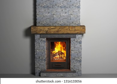 Stone fireplace with fire in home interior