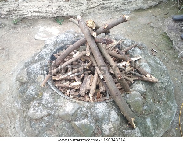 Stone Fireplace Firewood Without Fire Park Royalty Free Stock Image