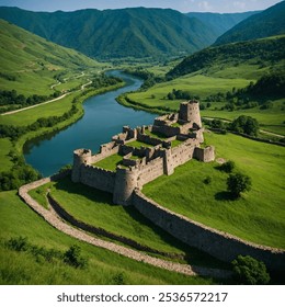 Stone Fortress in a Green Valley: An old fortress surrounded by green hills and a winding river. - Powered by Shutterstock