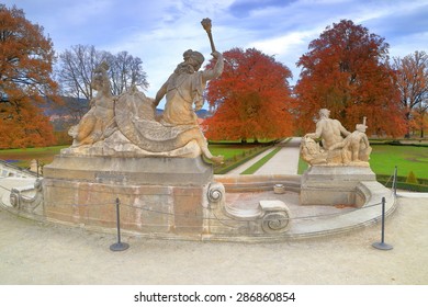 Stone fountain inside the garden of Cesky Krumlov castle, Czech Republic