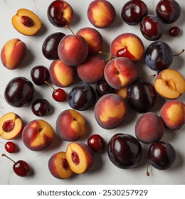 Stone Fruit Harmony is a delightful blend of ripe peaches, plums, and cherries. This vibrant combination offers a sweet, tangy balance, perfect for refreshing summer treats or creative culinary pairin - Powered by Shutterstock