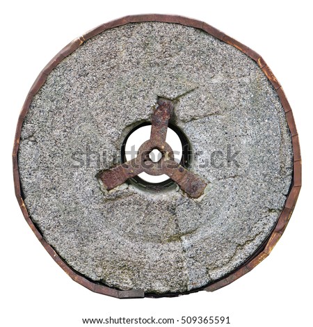 Stone granite wheel with rusted metal rim isolated on white
