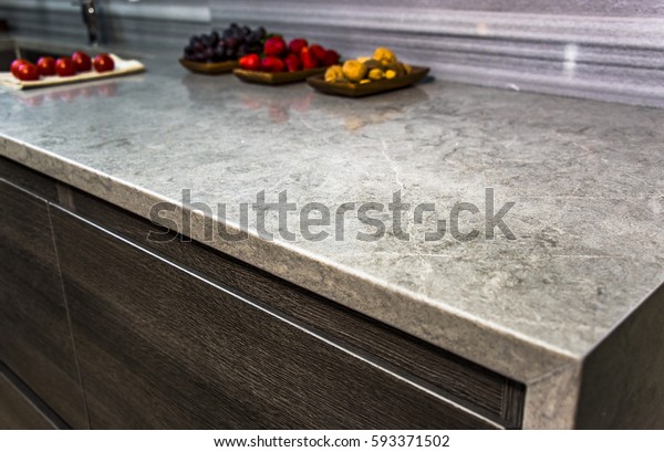 Stone Gray Worktop Dark Kitchen Cabinets Stock Photo Edit Now 593371502