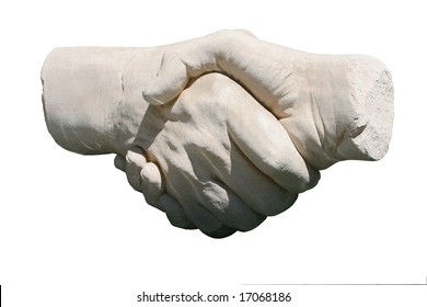 stone handshake sculpture isolated on white background