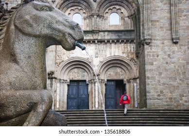 Stone Horse Fountain In Santiago De Compostela (Spain)