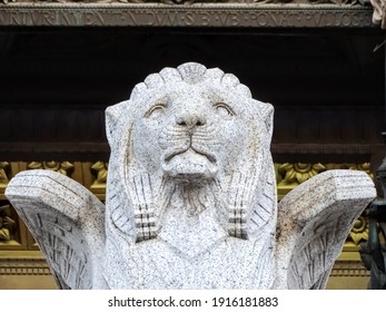 Stone Lion Statue At The Entrance Of The Basilica Of Notre Dame De Fourvière In Lyon